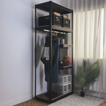 【空間特工】開放式衣架 免螺絲角鋼  90x45x210cm黑角鋼+柚木棕貼皮板