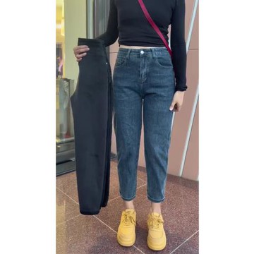 梨形身材褲子冬季加絨哈倫牛仔褲女大碼胖妹妹mm高腰顯瘦老爹褲子