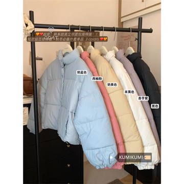 韓系溫柔風棉衣外套女裝秋冬短款保暖棉服寬松休閑奶藍色棉襖上衣