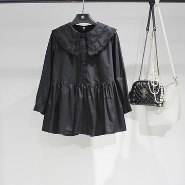 原創女裝秋冬黑色娃娃衫女襯衫外套韓版百褶花邊海軍領有大碼