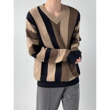 條紋V領針織衫男秋冬季韓系寬鬆撞色套頭長袖毛衣男