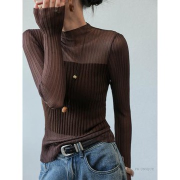 JWUNIQUE酒窩半透薄款長袖針織衫女2026年秋冬新款修身打底衫上衣