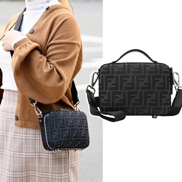 FENDI 迷你手提箱造型緹花織布拼接手提斜背兩用包(黑灰)