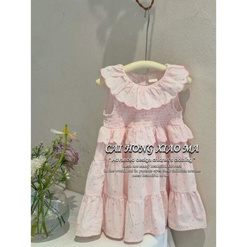 Mimo⭐韓版童裝女童連衣裙夏季甜美粉色小碎花荷葉領公主連衣裙