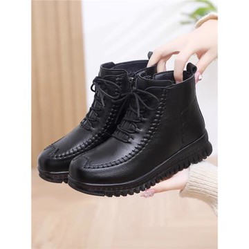 冬季牛筋底媽媽短靴加絨加厚中年女士皮鞋棉鞋中老年女鞋防滑軟底