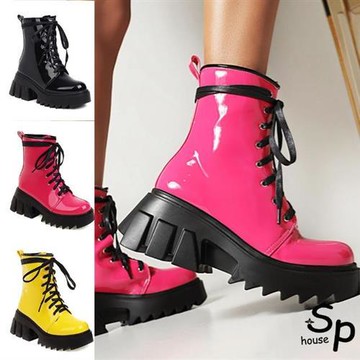 【Sp house】螢光時尚撞色繫帶馬丁粗跟皮革短靴(3色可選)