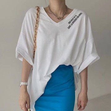 La BellezaV領背亮色英文字印花長版側開叉寬鬆棉質大T