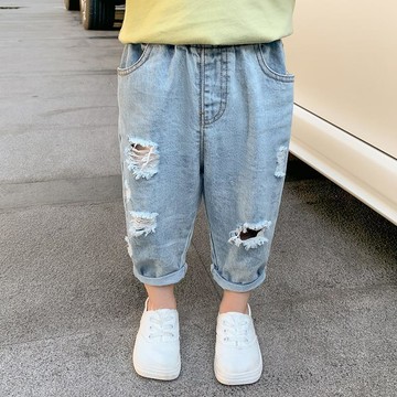 【臺灣出貨】夏季 牛仔褲 兒童夏裝男童破洞褲子女寶寶秋季小童寬鬆春秋薄款九分長褲