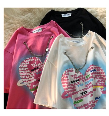 新款夏裝原宿風愛心短袖T恤女ins潮寬松顯瘦體恤半袖上衣