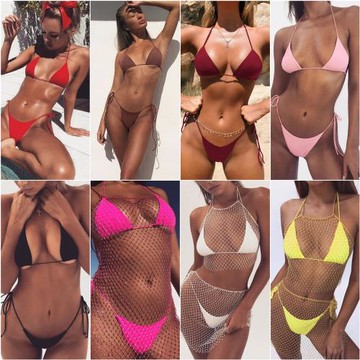 普吉島女神泳裝純色掛脖綁帶性感暴露比基尼BIKINI