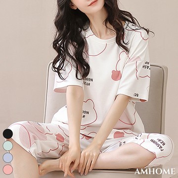 【Amhome】睡衣舒棉短袖可愛七分褲寬鬆薄款青少女圓領家居服休閒2件式套裝 # 116469(現貨+預購)