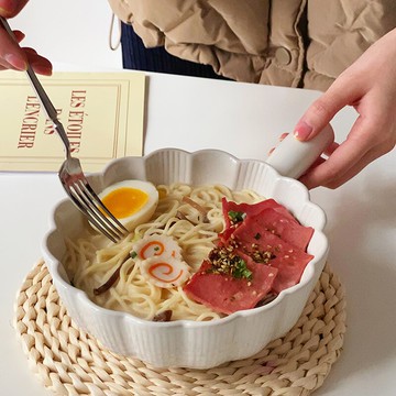 *穆尼*日式單柄湯碗面碗大碗拉面碗純色帶雙耳泡面碗不燙手沙拉碗