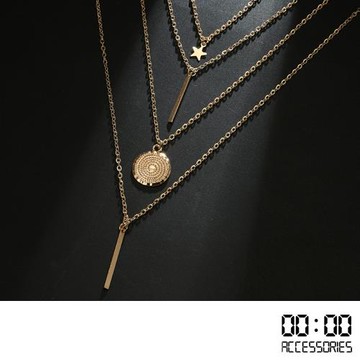 【00:00】歐美時尚簡約幾何墜飾多層次長款項鍊