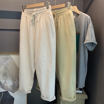 特清工裝情侶裝A-21春季胖MM系帶松緊高腰休閑褲遮肉闊腿褲