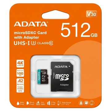 ADATA 威剛 Premier Pro microSDXC 記憶卡 UHS-I U3 A2 V30 100MB/s 附轉卡  512GB  1個