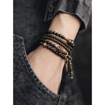 (免運)曲尾花復古彩曜黑曜石多層手鏈男潮 個性串珠手串女百搭情侶手飾