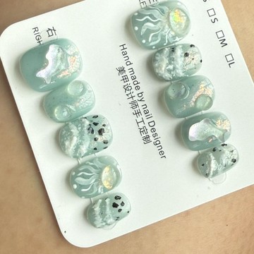 🌸優選美甲🌸純手工穿戴短款顯白美甲純手工穿戴甲藍色水母海豚海洋風清新可愛