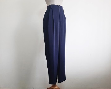 復古海軍藍打褶長褲 女款高腰錐形西裝褲 M 28腰