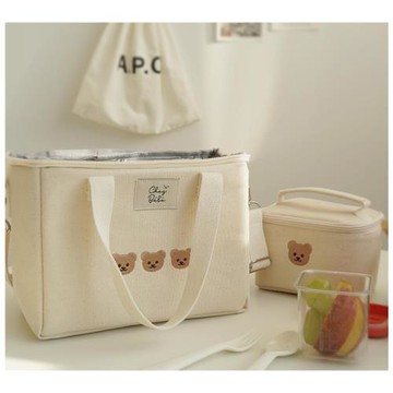 INS韓國刺繡小熊保溫媽咪包外出便當包母嬰推車包單肩斜挎奶瓶包