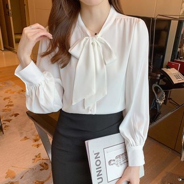 蝴蝶結飄帶白色短袖襯衫女春秋新款職業通勤法式氣質上衣長袖襯衣