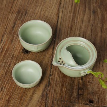 汝窯快客杯一壺二兩杯功夫茶具套裝陶瓷辦公室旅行茶具便攜式開片