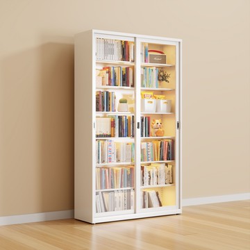 家用帶鎖推拉門書櫃防塵玻璃展示櫃多層落地  書架 落地 收納櫃 置物架qxm8231