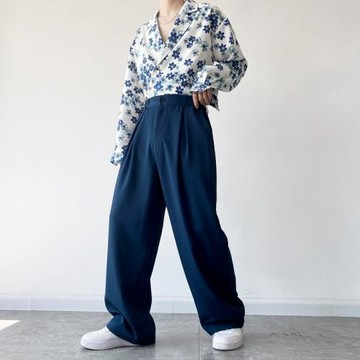 秋季靛藍色高級感墜感闊腿長褲男寬松韓版時尚顯高直筒拖地西裝褲