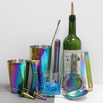 不銹鋼電鍍彩虹色套裝調酒器酒吧調酒工具雞尾酒波士頓杯搖酒壺