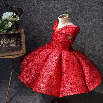 小女孩公主裙紅色主持人禮服演出公主蓬蓬短款亮片蓬蓬快樂陽光