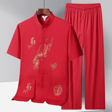 【巴黎精品】現貨+預購 新中式唐裝套裝中國風襯衫短袖冰絲上衣長褲休閒男裝-龍騰漢服男裝5色a1kr4