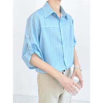 高級感條紋襯衫男短袖休閑寬松百搭夏季薄款半袖雅痞襯衣潮牌ins