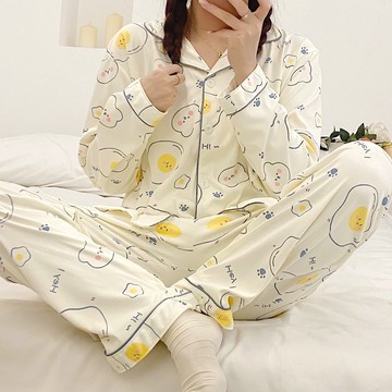 日系奶乎乎睡衣女秋冬款開衫簡約甜美可愛卡通休閑家居服兩件套裝