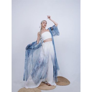 ROUR【獨家漸變色圍裙】民族風白藍漸變多片系帶裙舞蹈演出服紗裙