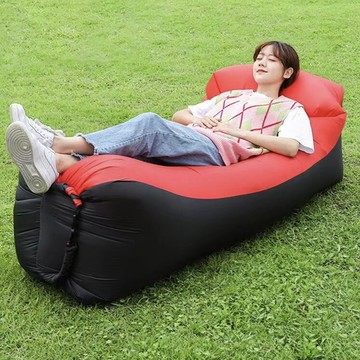 LoHoY 戶外便攜空氣沙發 頭枕款 耐磨材質 露營/野餐適用  紅黑  平舖(240 x 75cm) 收納後(39 x 17cm) 充氣後(190 x 70 x 50cm)