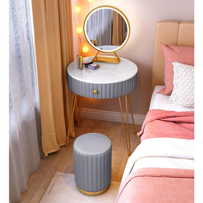 女性大人気　可愛い　円型オシャレドレッサー　LEDミラー　椅子　セット