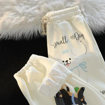 奶杏色卡通印花寬松保暖加絨褲子女秋冬垂感束腳運動復古休閑衛褲