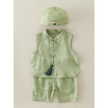 男寶寶一周歲抓周唐裝嬰兒百天百歲禮服兒童真絲套裝中國風夏裝