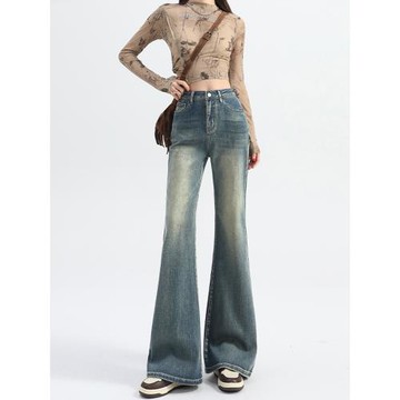 復古微喇牛仔褲女春季2025新款春季小個子高腰直筒不貼腿喇叭褲