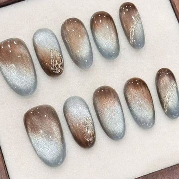 💗台灣出貨💗【棕灰鎏金】穿戴甲純手工美甲秋冬新款暈染鎏金貓眼高階氣質顯白