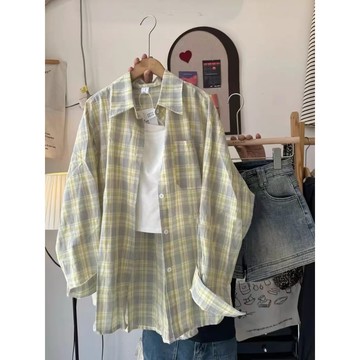 M-3XL 大尺碼美式格子寬鬆襯衫春秋新款慵懶休閒寬鬆襯衣長袖外套上衣潮