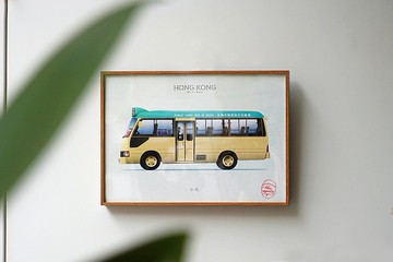 香港綠色小巴 Van仔 九十年代經典型號 原創插圖 掛畫 連畫框