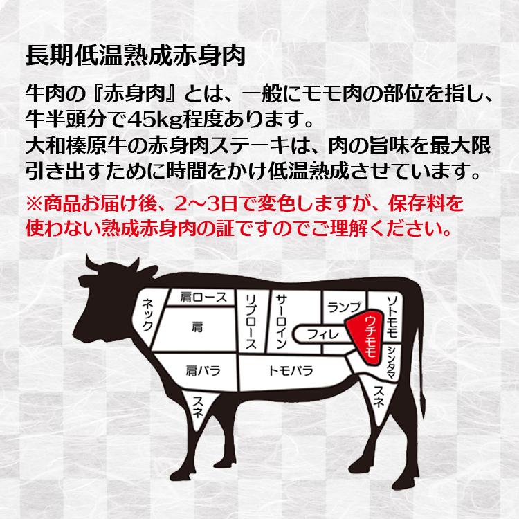 お歳暮 ギフト ステーキ 肉 牛肉 黒毛和牛 大和榛原牛 A5 長期低温熟成 赤身モモ 肉 ステーキ 化粧箱入 150g×2枚 内祝い 御礼 プレゼント 送料無料 冷凍便