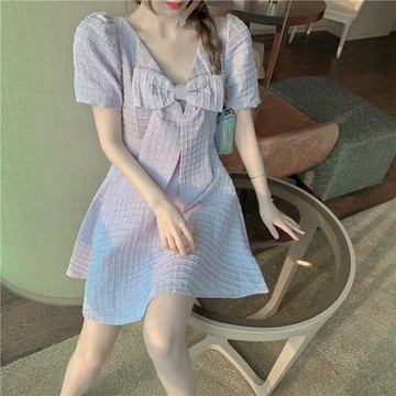 時尚氣質方領泡泡袖蝴蝶結連衣裙赫本輕熟風收腰顯瘦仙女A字裙夏