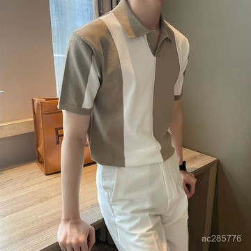 韓版夏季冰絲短袖漸變拚色男Polo衫休閒條紋撞色翻領潮流透氣針織