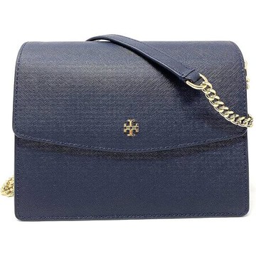 【TORY BURCH】雙TLOGO防刮皮革翻蓋斜背包-深藍