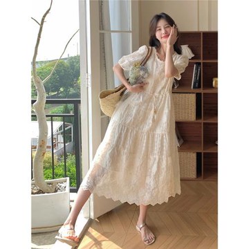 白色蕾絲連衣裙女夏季2025新款法式顯瘦氣質小個子減齡中長款裙子