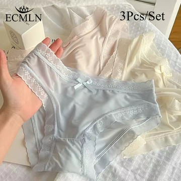 ECMLN 3 件女士冰絲無縫內褲日本奶油色內衣性感蕾絲透氣速乾裸感內衣