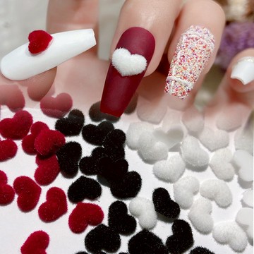秋冬美甲毛絨愛心飾品 美甲愛心毛球飾品 網紅秋冬毛絨桃心DIY指甲裝飾鑽 輕奢立體植絨愛心絲絨美甲黑白色指甲鑽