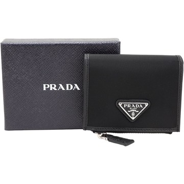 PRADA 普拉達 Saffiano 三角牌防刮皮拼接尼龍釦式皮夾 卡片夾/零錢包(黑色)