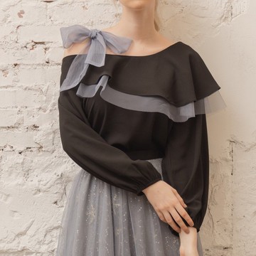 單肩綁帶飄紗雪紡上衣   黑